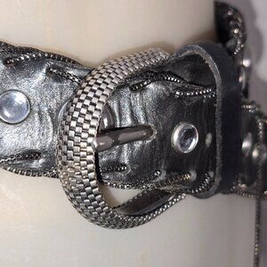 VTG Nanni Studded Black Leather Belt With Intricate Silver Buckle & Mesh Chains